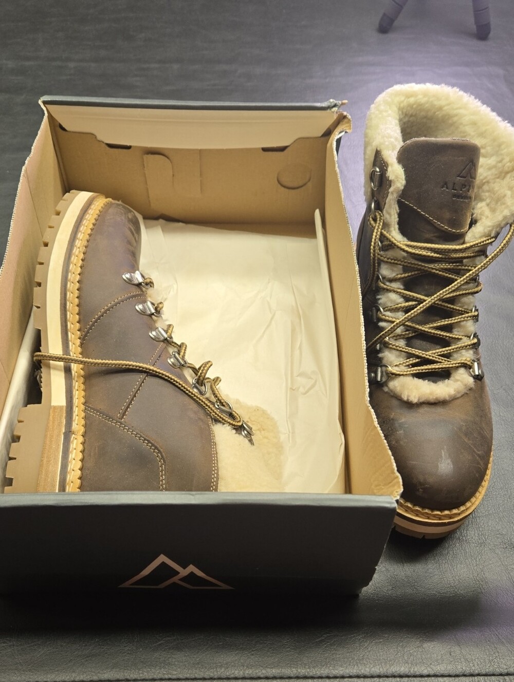 Alpine Brown Leather Winter Lace-Up Boots with Shearling Collar